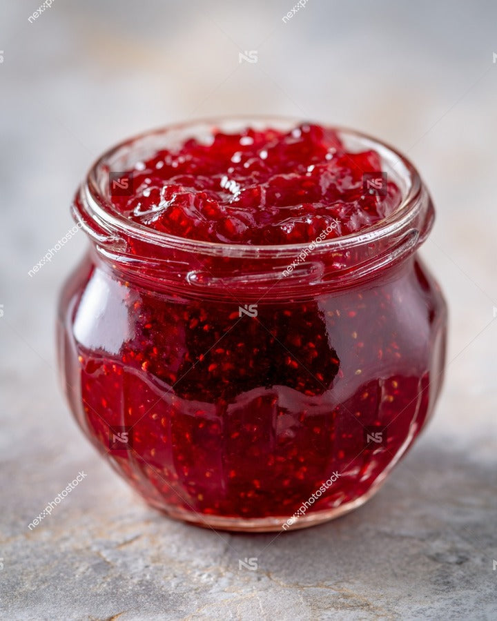 A Clear Glass Jar Filled With Red Raspberry Jam Placed On A Surface — Stock Photo