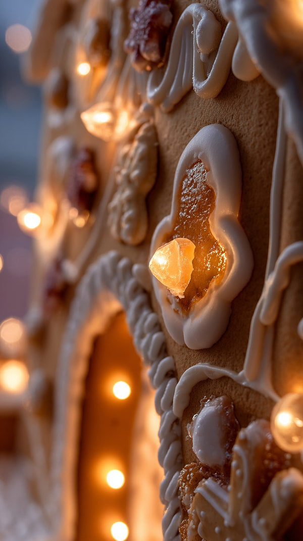 Gingerbread House With Intricate Decorations Including A Heart Shaped Ornament And Lights Set Against A Dark Background — Stock Photo