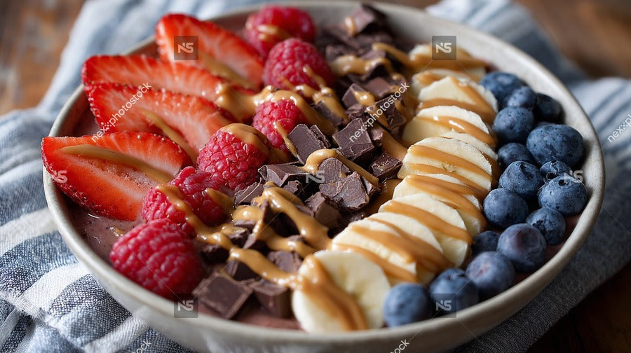 A Bowl Of Fruit Salad With Chocolate Drizzle Topped With Whipped Cream And A Cherry On Top — Stock Photo