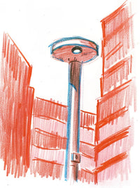 A Tall Tower Stands Prominently In Front Of A Red Building With A Clear View From A Top Down Perspective — Stock Illustration