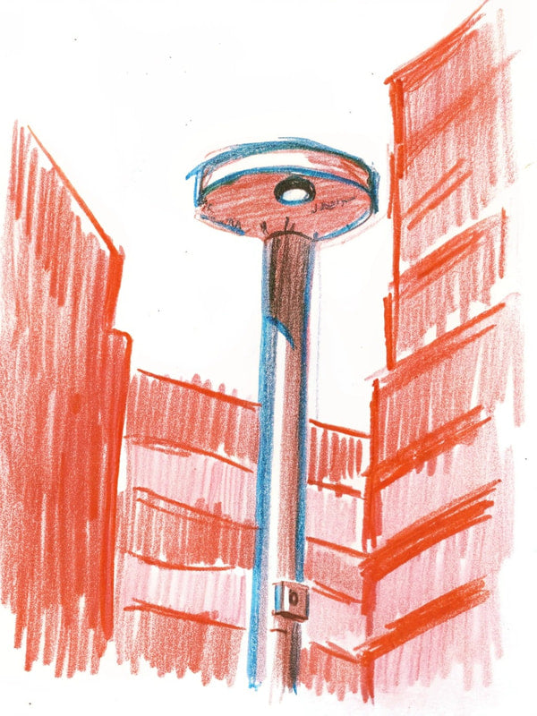 A Tall Tower Stands Prominently In Front Of A Red Building With A Clear View From A Top Down Perspective — Stock Illustration