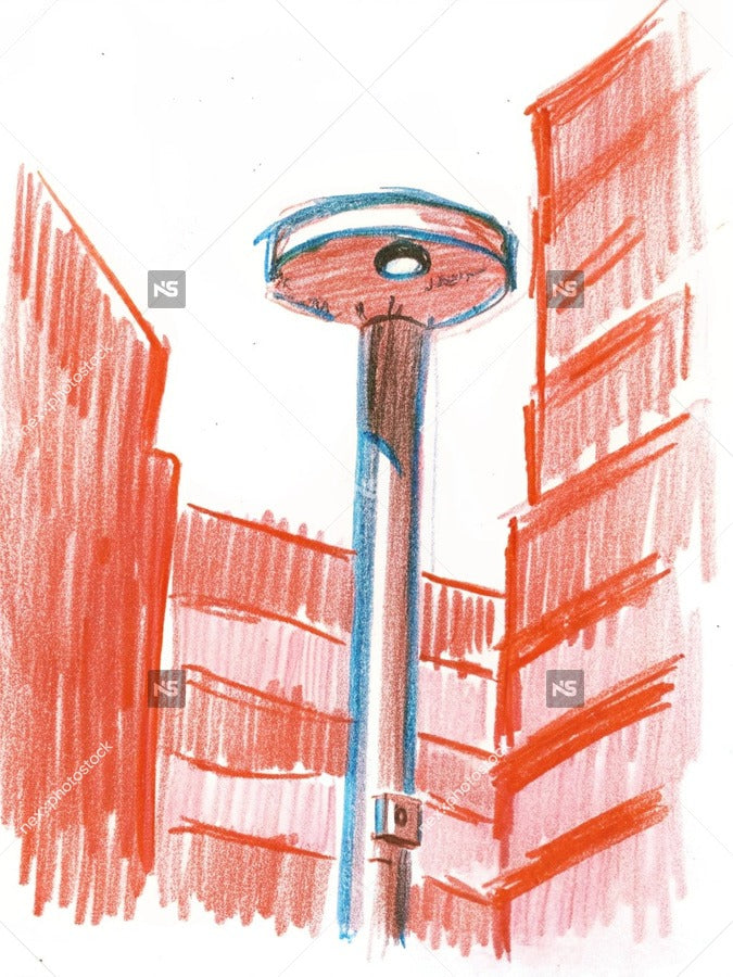 A Tall Tower Stands Prominently In Front Of A Red Building With A Clear View From A Top Down Perspective — Stock Illustration