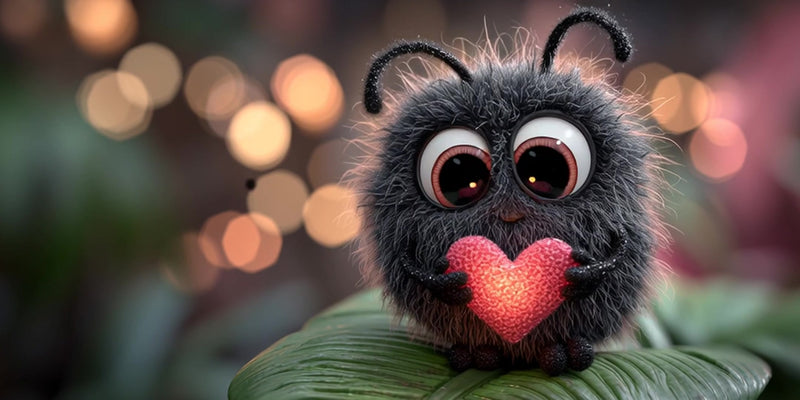 features a small plush toy with a cute face and big eyes holding a red heart in its hands - Stock Video