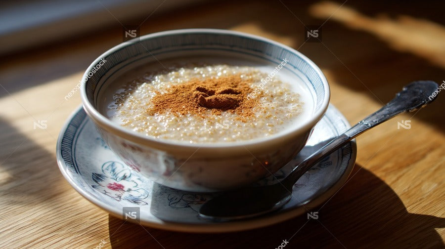 Bowl Of Oatmeal With Cinnamon On Top Served In A Blue And White Teacup Placed On A Wooden Table — Stock Photo