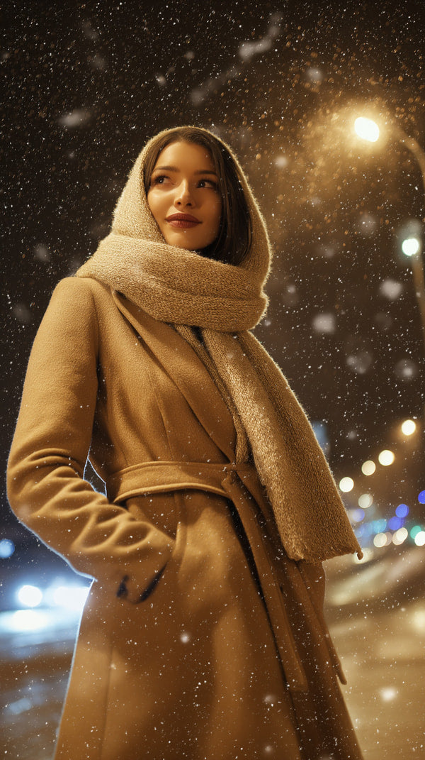 A Woman Stands Outdoors At Night Wearing A Scarf And Coat — Stock Photo