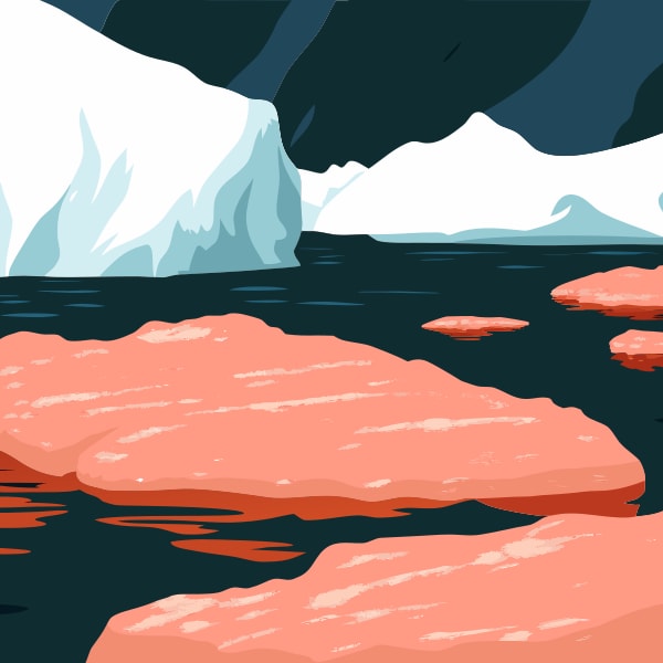 Illustration Of A Frozen Landscape With Icebergs And Floating Ice Chunks In The Foreground Set Against A Dark Sky Background — Stock Vector