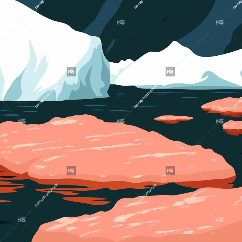 Illustration Of A Frozen Landscape With Icebergs And Floating Ice Chunks In The Foreground Set Against A Dark Sky Background — Stock Vector