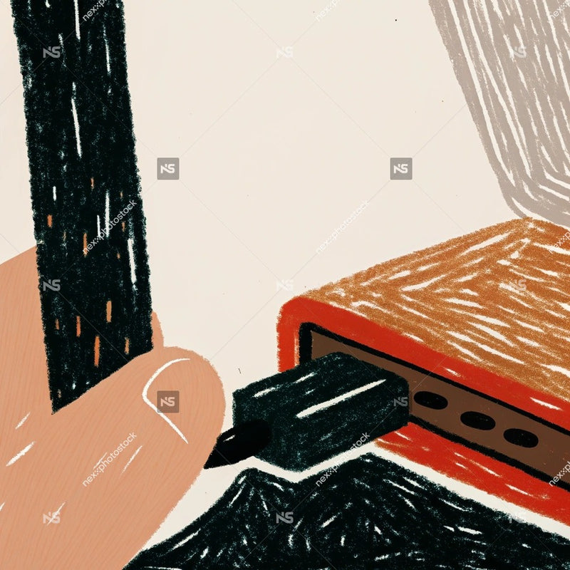 A Person Is Holding A Usb Cable And Inserting It Into A Device Which To Be A Small Electronic Gadget A Portable — Stock Illustration