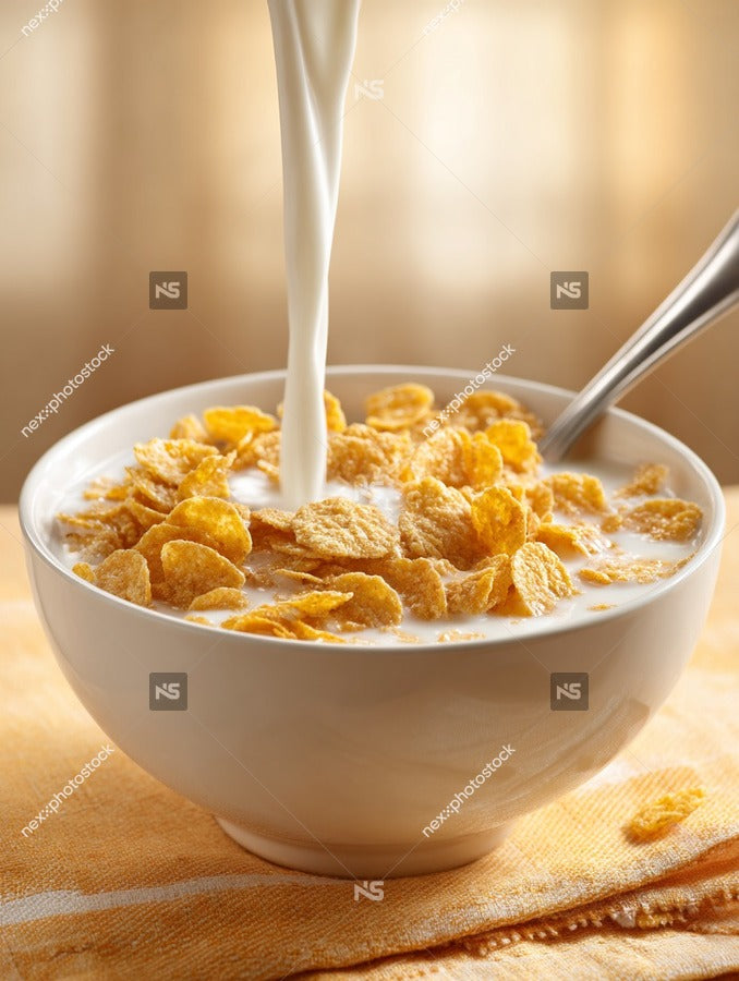 A Bowl Of Cereal With Milk Served In A White Bowl On A Wooden Table — Stock Photo