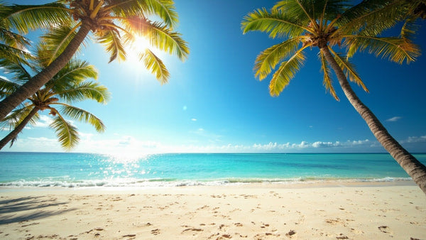 Palm Trees Blue Sky White Sand Beach Clear Water Sunny Day — Stock Photo