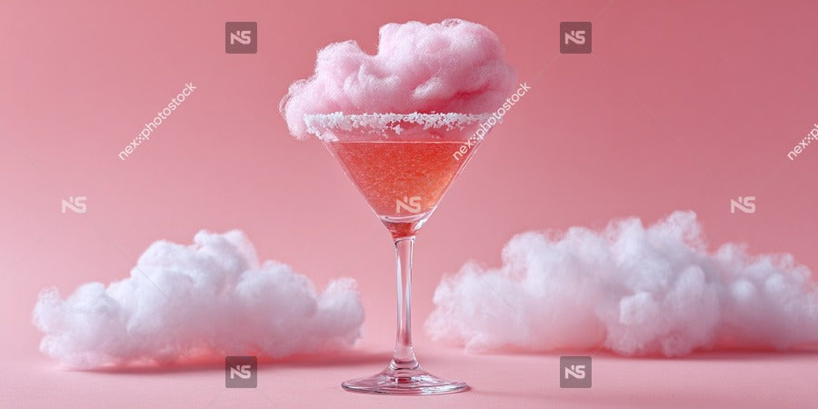 Pink Cocktail In A Martini Glass On Top Of Fluffy Pink Clouds Against A Pink Background — Stock Photo