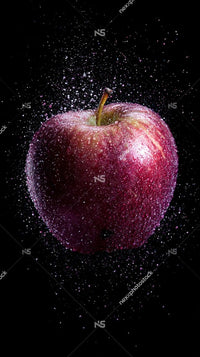A Single Vibrant Red Apple With A Green Stem Captured In Motion Against A Black Background — Stock Photo