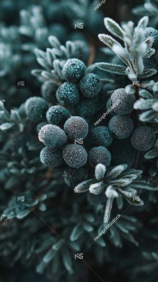 Festive Evergreen Branches With Berries And Pine Cones Adorned With Frost Set Against A Dark Background — Stock Photo