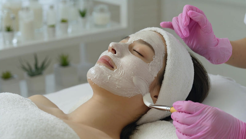 facial spa treatment with a woman lying down and receiving a facial mask application with a close up view of her face - Stock Video