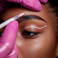 Eyebrow Makeup Application With A Precision Tool Showcasing The Process Of Creating Defined Eyebrows Using A Stencil And Makeup Brush — Stock Photo