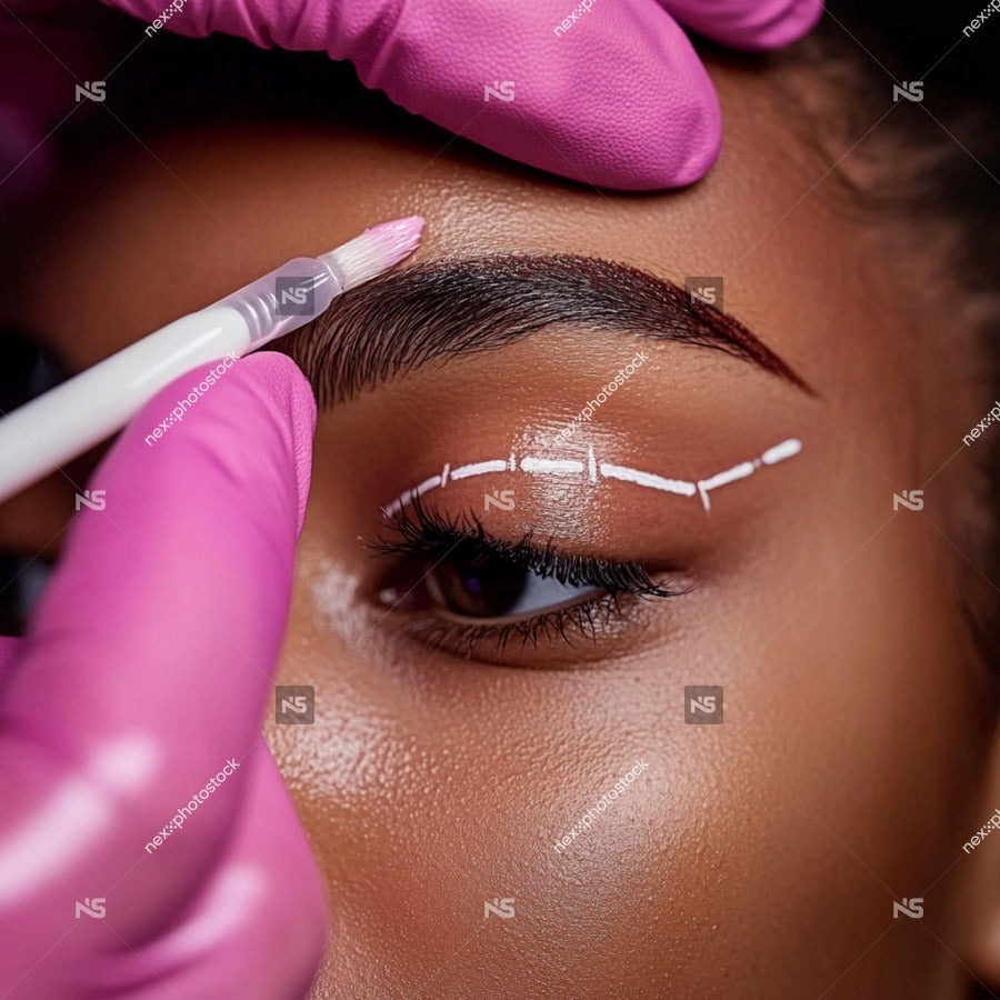 Eyebrow Makeup Application With A Precision Tool Showcasing The Process Of Creating Defined Eyebrows Using A Stencil And Makeup Brush — Stock Photo
