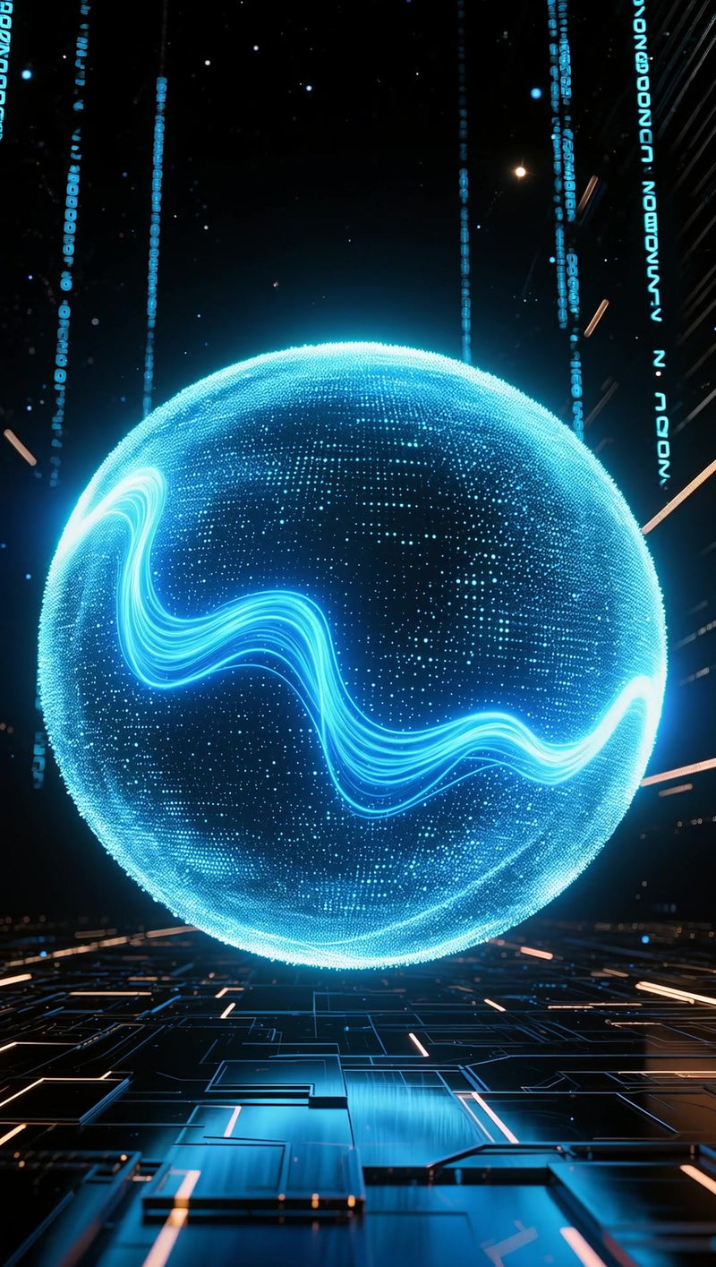 glowing orb floating in a futuristic setting with blue and white lights surrounded by digital displays and holographic elements - Stock Video