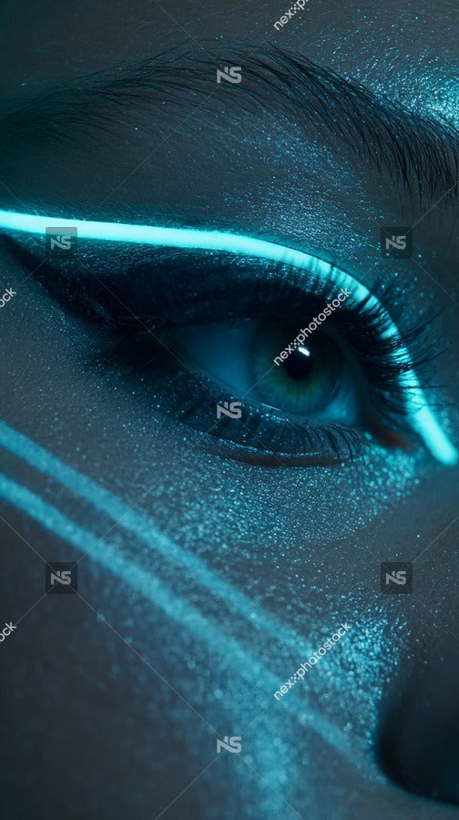A Close Up Portrait Of A Person With Striking Blue Eyes And A Glittery Teal Colored Makeup Design On Their Face — Stock Photo
