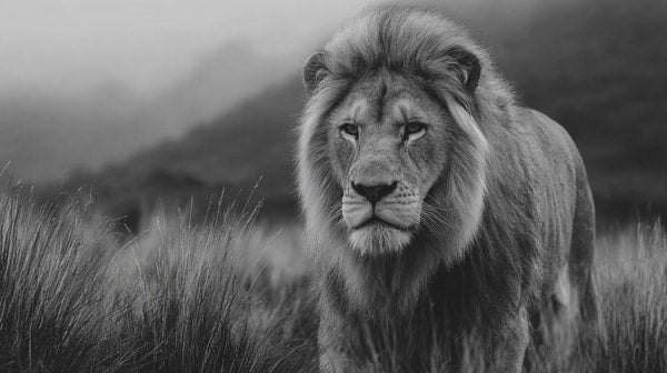 Majestic Lion In Natural Habitat Standing Tall And Alert Looking Directly Into Camera With A Backdrop Of Grassy Field And Mountains — Stock Photo