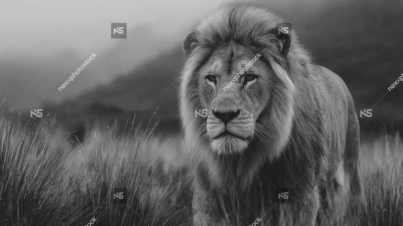 Majestic Lion In Natural Habitat Standing Tall And Alert Looking Directly Into Camera With A Backdrop Of Grassy Field And Mountains — Stock Photo