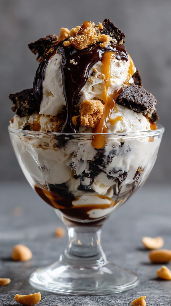 A Delicious Chocolate Ice Cream Sundae With Caramel Sauce Served In A Glass Dish And Garnished With Whipped Cream — Stock Photo