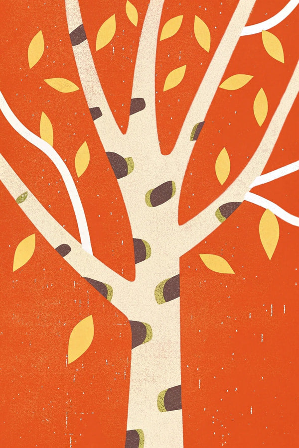 Autumn Tree Illustration With Red Background And Birch Bark Texture A Stylized Tree With Orange Leaves And Brown Trunk — Stock Illustration