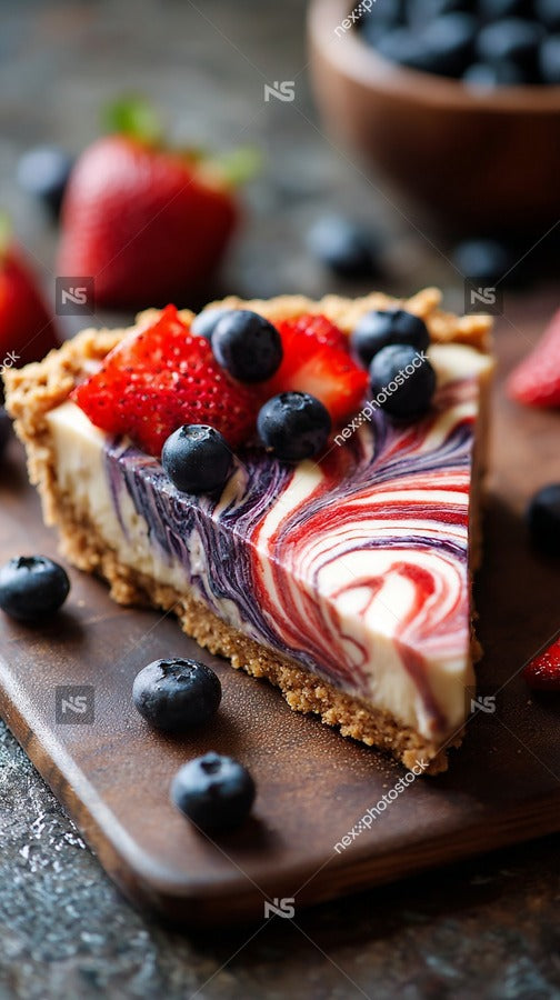A Slice Of Cheesecake Topped With Strawberries And Blueberries On A Wooden Cutting Board — Stock Photo