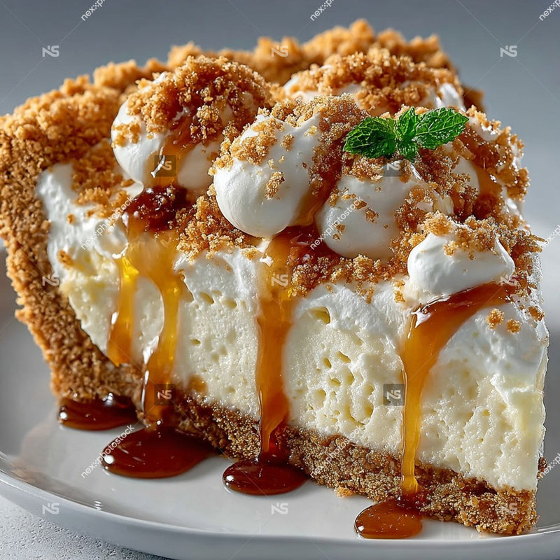 Delicious Caramel Cheesecake With Crust Topped With Whipped Cream And Drizzled With Caramel Sauce — Stock Photo