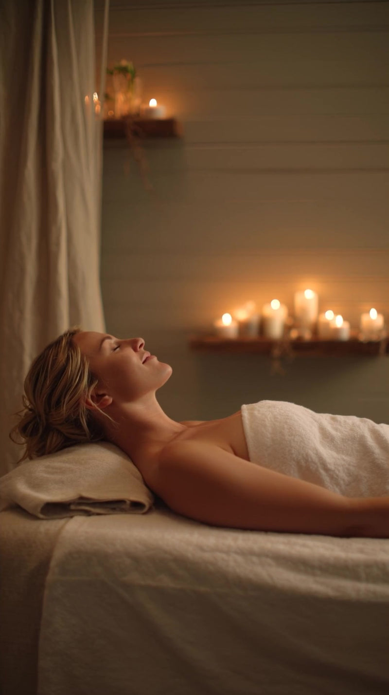 a woman is lying down in a spa setting with candles lit around her - Stock Video