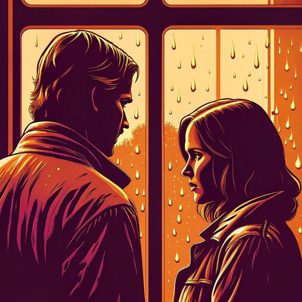 Illustration Of A Man And Woman In A Rainy Setting Looking Out A Window — Stock Illustration