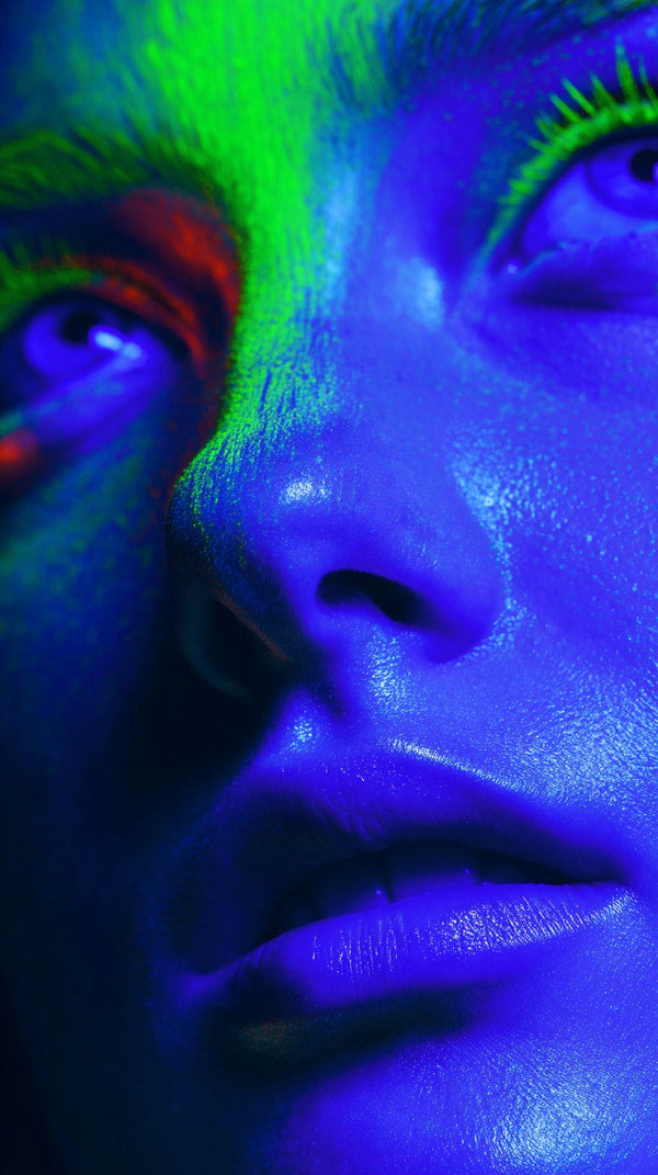 Blue Tinted Portrait Of A Person With A Neutral Expression And Blue Eyeshadow Set Against A Dark Background — Stock Photo