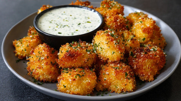 Two Plates Of Golden Brown Tater Tots Garnished With Green Herbs And Served With A Small Bowl Of Dipping Sauce — Stock Photo