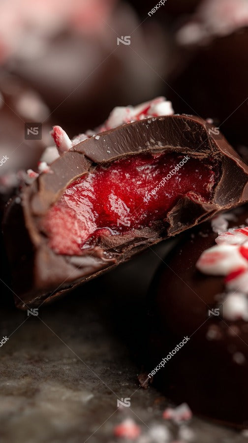 A Close Up Of A Chocolate Dessert With A Raspberry Filling Topped With Powdered Sugar And A Cherry On Top — Stock Photo