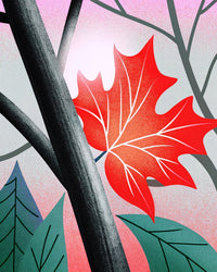 A Red Maple Leaf On A Tree Branch In Autumn Colors With A Forest Background — Stock Illustration