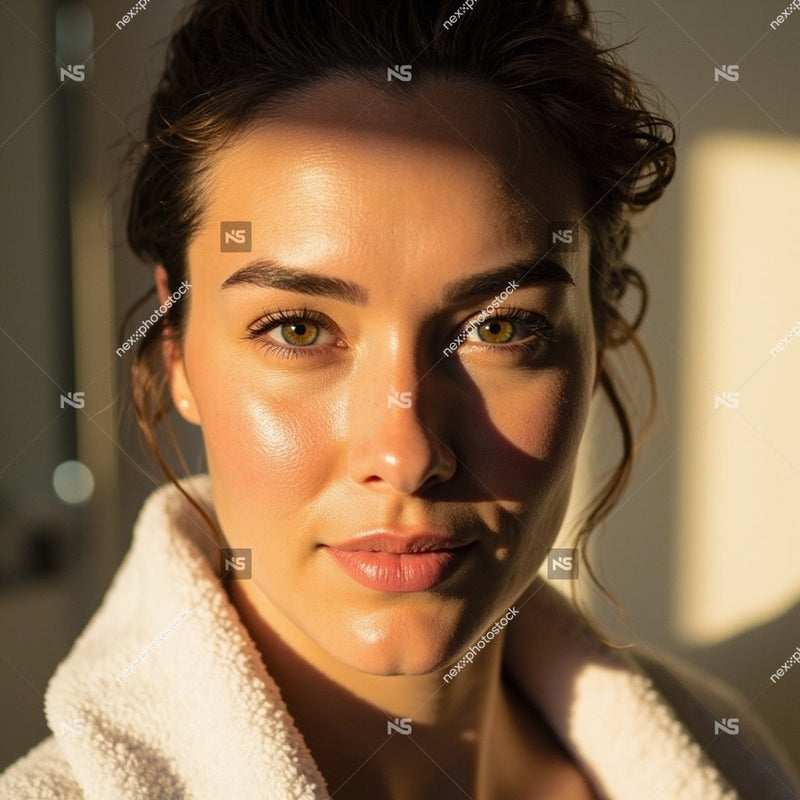 A Woman Wearing A White Towel Posing For A Portrait With A Soft Light Source Illuminating Her Face And Upper Body — Stock Photo