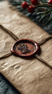 A Rustic Christmas Card With A Seal Placed On A Table With A Festive Background — Stock Photo