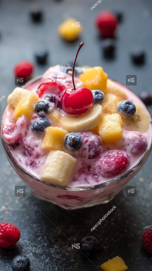 A Glass Bowl Filled With A Colorful Fruit Salad Topped With Blueberries And Pineapple Chunks Placed On A Dark Surface — Stock Photo