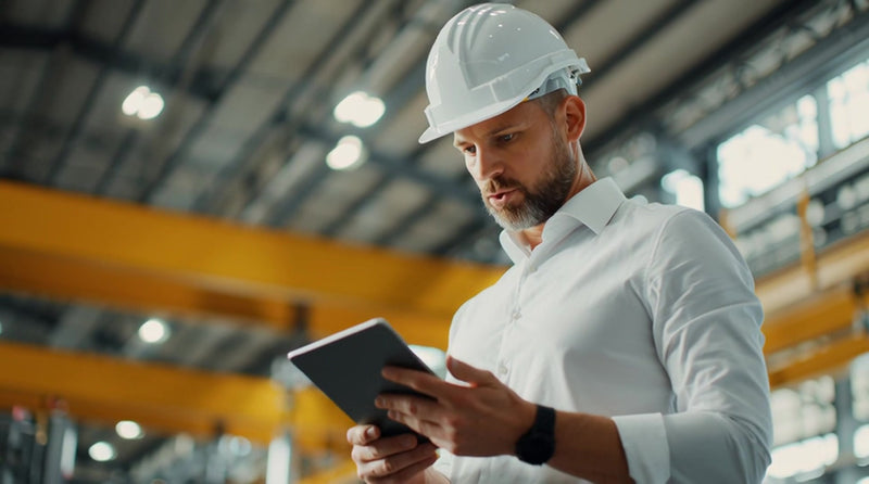 a construction worker dressed in a white hard hat and safety vest stands amidst industrial machinery in a factory setting - Stock Video