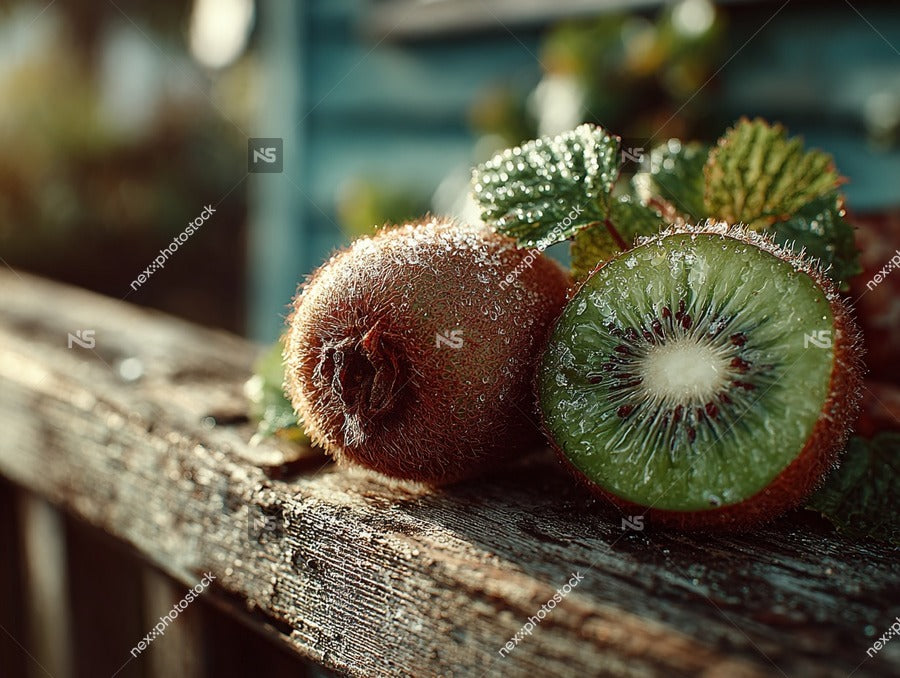 A Close Up Image Of Two Kiwi Fruits One Cut In Half Placed On A Wooden Surface With Ice And Mint Leaves — Stock Photo