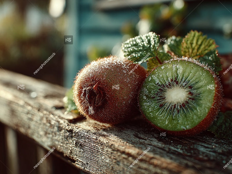 A Close Up Image Of Two Kiwi Fruits One Cut In Half Placed On A Wooden Surface With Ice And Mint Leaves — Stock Photo