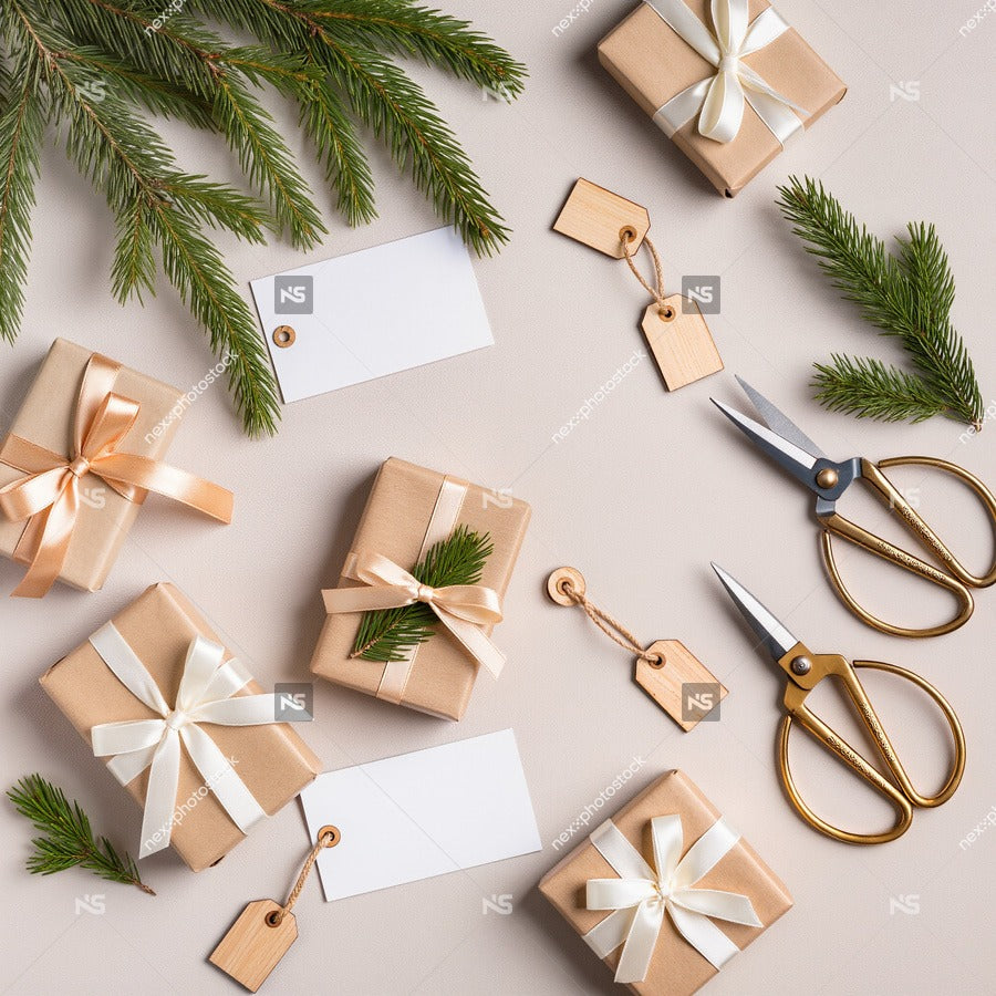 A Collection Of Christmas Gift Wrapping Supplies Including Scissors Tags And Presents Arranged On A White Surface With Pine Branches — Stock Photo