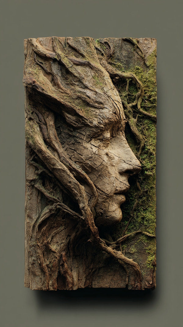Ancient Tree Carving With Intricate Details And A Human Face Carved Into It Showcasing The Artistry Of Wood Carving — Stock Photo