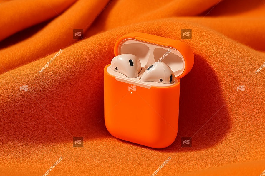 Shows A Small Orange Container With White Earbuds Inside Placed On A Surface Covered With An Orange Fabric — Stock Photo