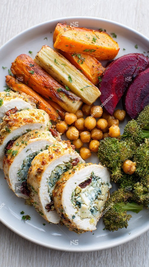 A Plate Of Chicken And Vegetables Including Carrots Broccoli And Chickpeas Served With A Blue Cheese Sauce — Stock Photo