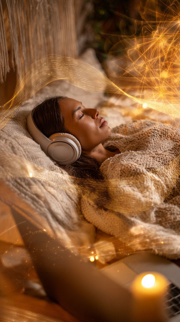 A Woman Wearing Headphones Sleeping In A Blurred Room With Warm Lighting And A Cozy Atmosphere — Stock Photo