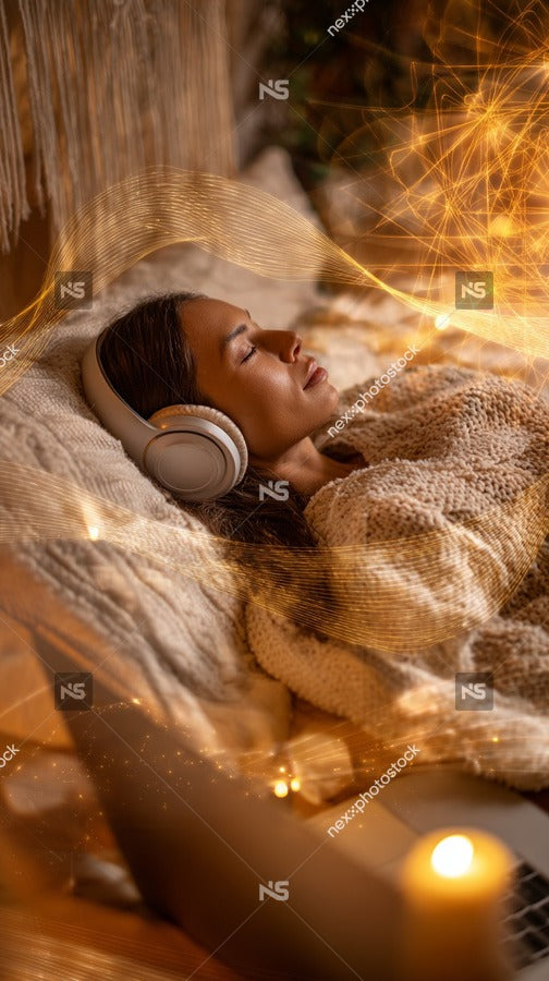 A Woman Wearing Headphones Sleeping In A Blurred Room With Warm Lighting And A Cozy Atmosphere — Stock Photo