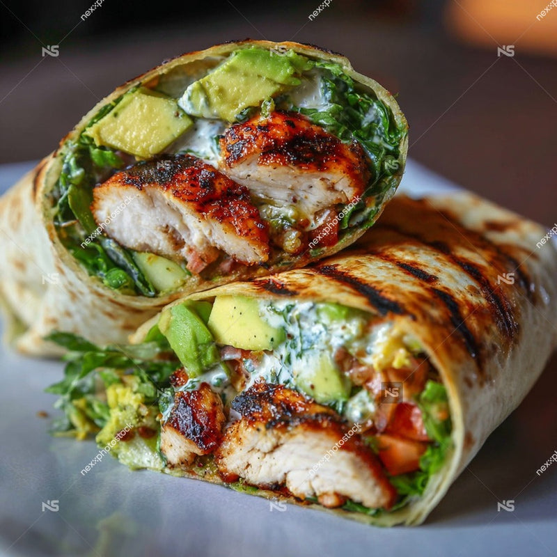 A Delicious Chicken Caesar Wrap Generously Filled With Fresh Avocado And Spinach Served On A White Plate — Stock Photo