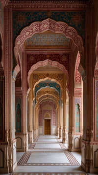 indian architectural archway with red and blue decorative elements showcasing intricate designs and patterns within a spacious hallway - Stock Video