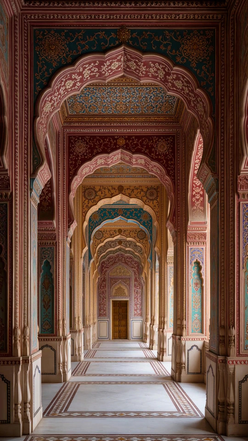 indian architectural archway with red and blue decorative elements showcasing intricate designs and patterns within a spacious hallway - Stock Video