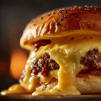 A Close Up Image Of A Cheeseburger With Melted Cheese On Top Served In A Bun And Placed On A Table — Stock Photo